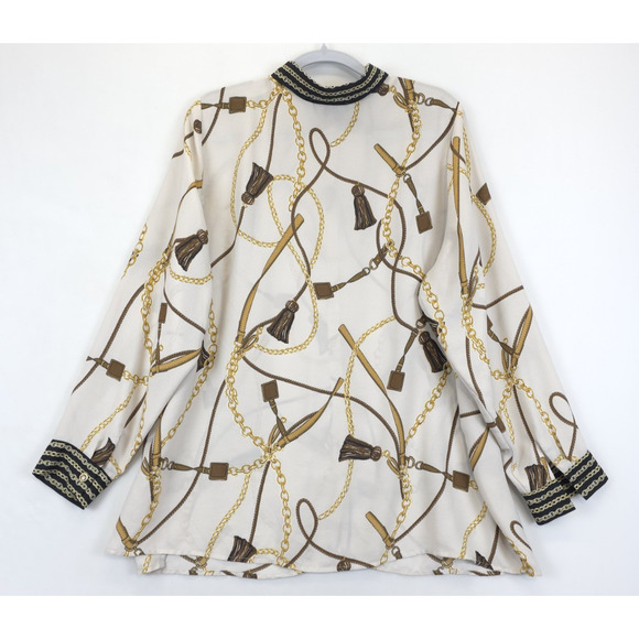 Roz & Ali Chain Strap Print Button Front Tunic Women 2X Beige Gold Long Sleeve - Picture 2 of 12